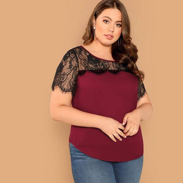 

Plus Curved Hem Lace Insert Top