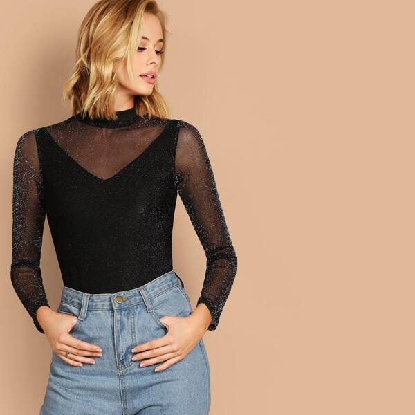 

Mock-neck 2 In 1 Glitter Mesh Tee