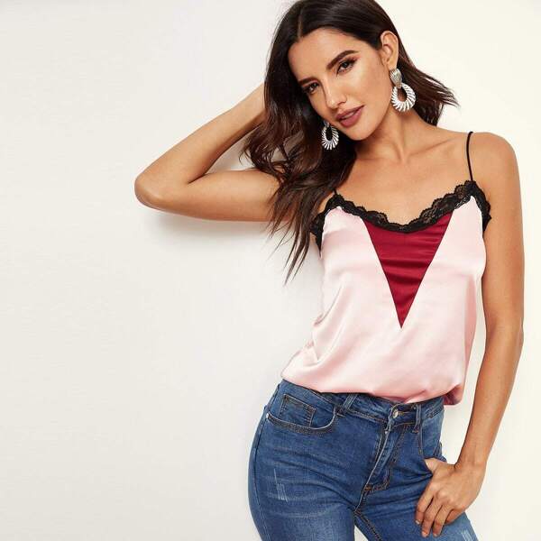 

Contrast Lace Color-block Cami Top