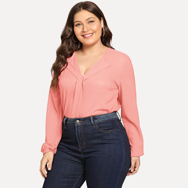 

Plus Solid V-Neck Chiffon Blouse, Pink