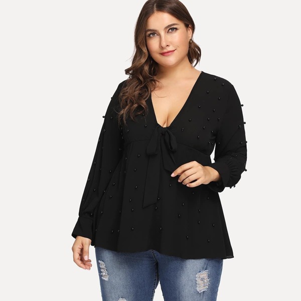 

Plus Beaded V-neck Blouse, Black