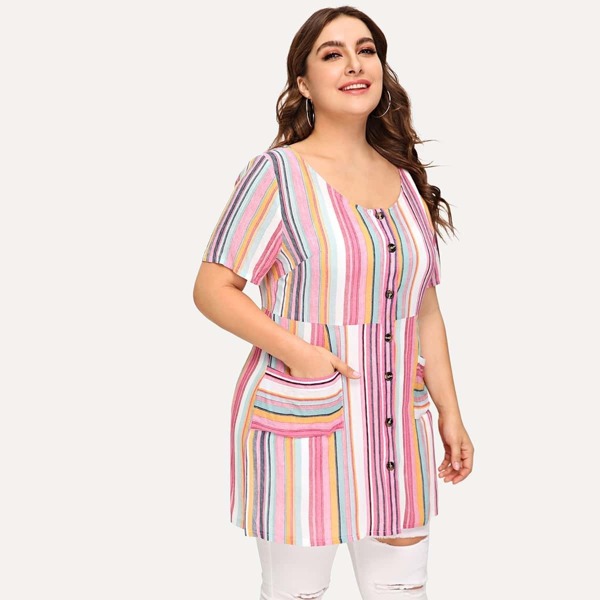 

Plus Vertical-stripe Single-breasted Blouse, Multicolor