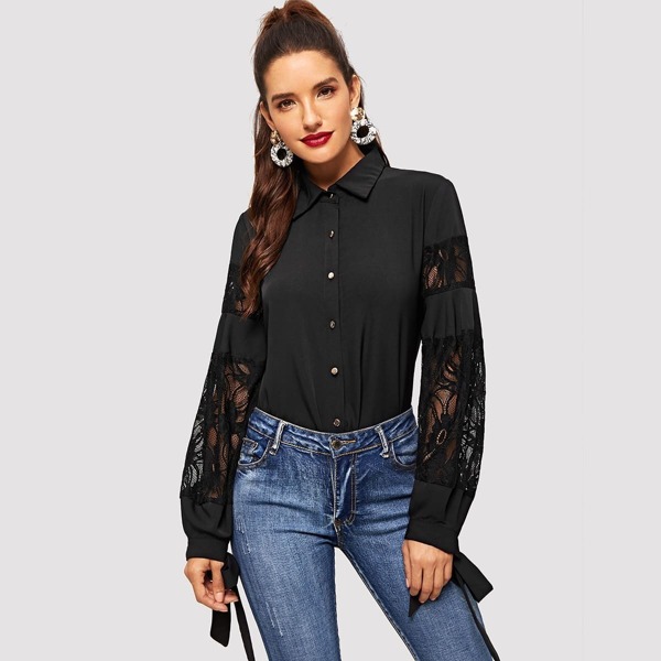 

Lace Panel Knot Sleeve Blouse