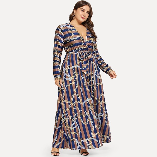 

Plus Chain Print V-neck Dress, Multicolor
