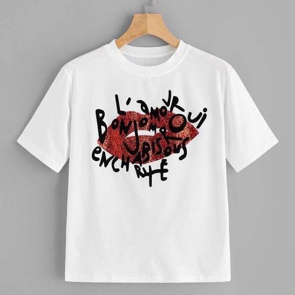

Contrast Sequin Letter Print Tee, White