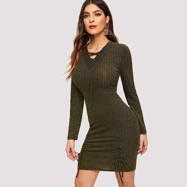 

Lace-Up Neck Drawstring Detail Glitter Dress
