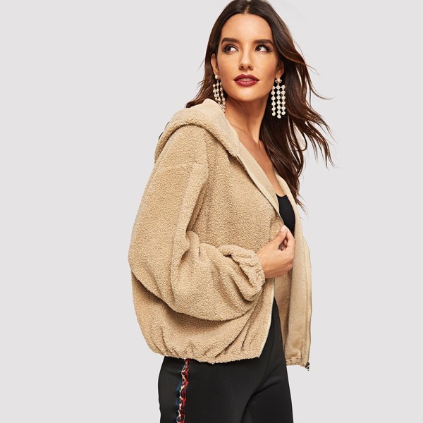 

Drop Shoulder Zip Front Hooded Teddy Jacket