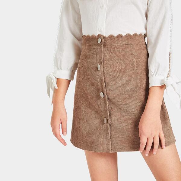 

Girls Button Front Scallop Cord Skirt