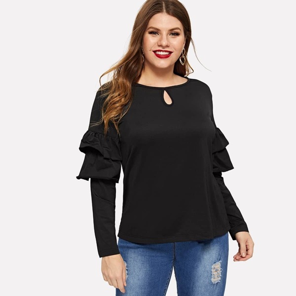

Plus Layered Ruffle Cut Out Front Tee