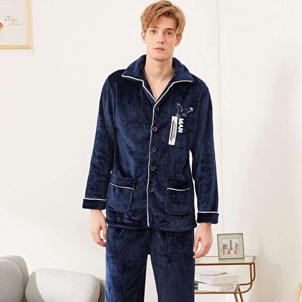 

Men Eagle & Letter Embroidered Plush Pajama Set