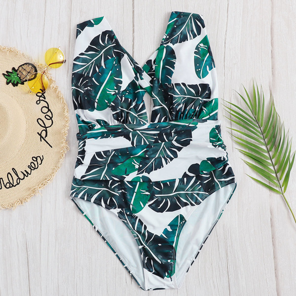 

Plus Random Tropical Criss Cross One Piece Swimsuit, Green