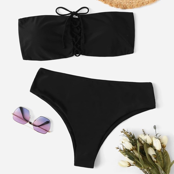 

Plus Lace-up Bandeau With High Waist Bikini Set, Black