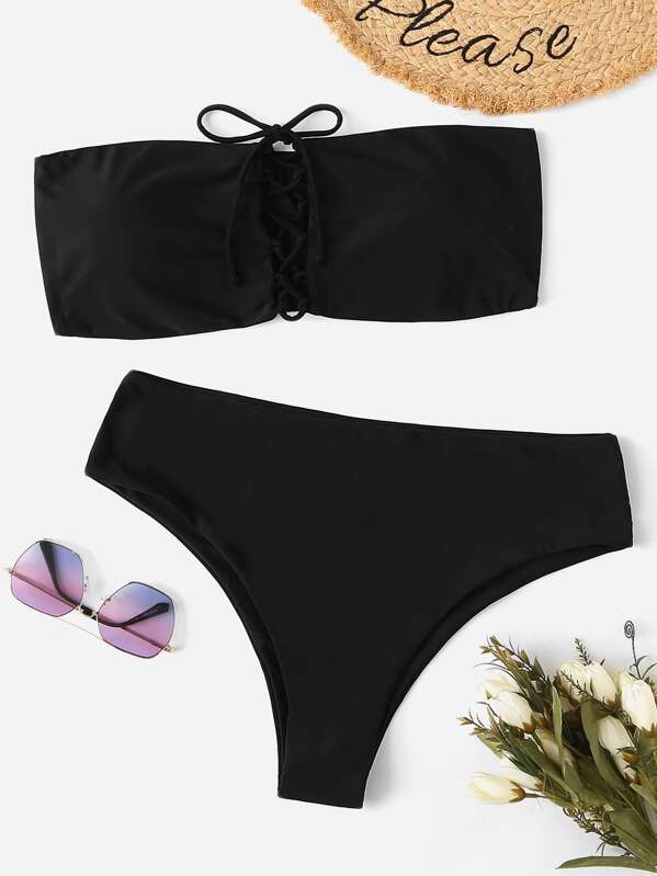 

Plus Lace-up Bandeau With High Waist Bikini Set, Black