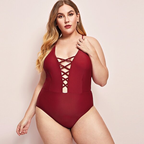 

Plus Criss Cross Low Back One Piece Swimsuit, Burgundy