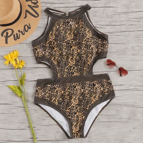 

Plus Leopard Cut-out Side One Piece Swimsuit, Brown