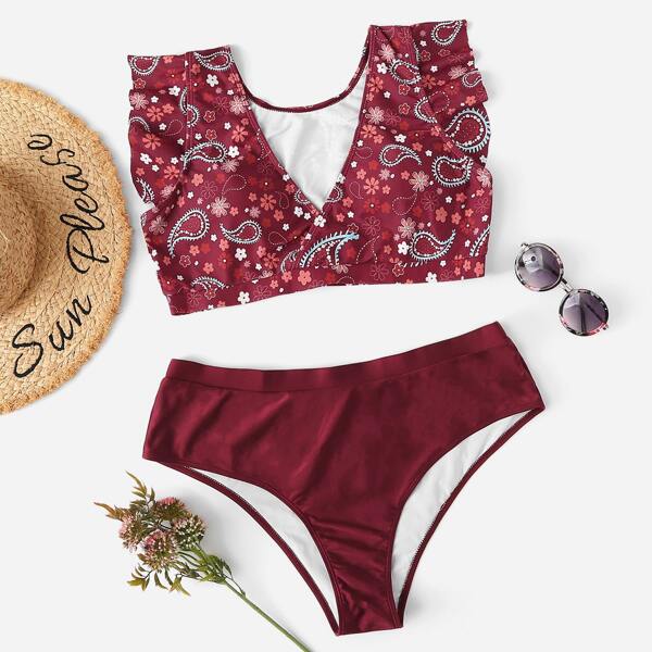 

Plus Paisley Print Ruffle Decor Bikini Set