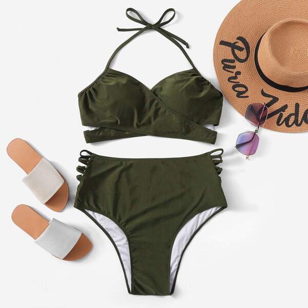 

Plus Cross Wrap Top With Ladder Cutout Bikini, Army green