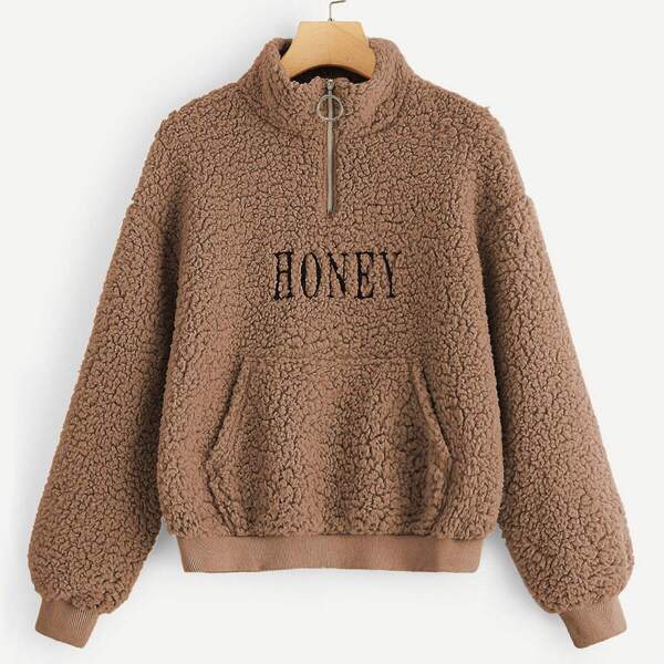 

Pocket & Zip Front Letter Teddy Jacket