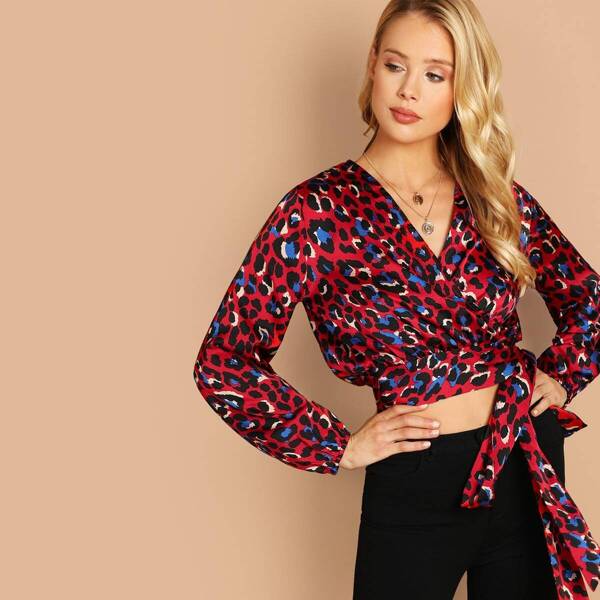

Leopard Wrap Front Waist Tie Cropped Blouse, Multicolor