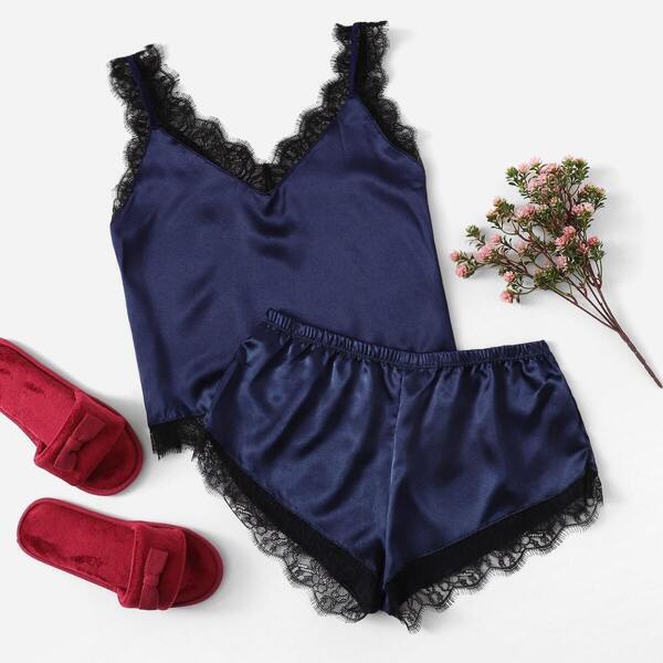 

Eyelash Lace Satin Cami Pajama Set