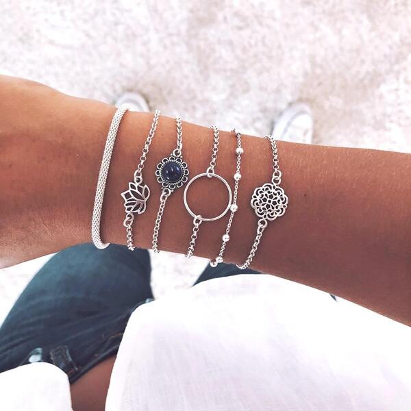 

Circle & Lotus Bracelet Set 6pcs, Silver