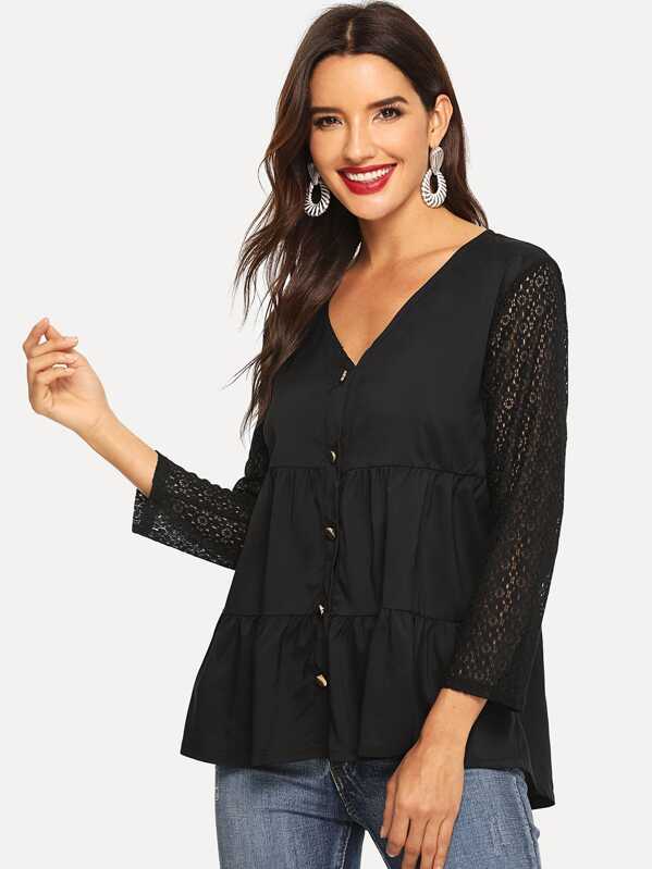 

Lace Sleeve Button Front Smock Blouse, Black, Juliana