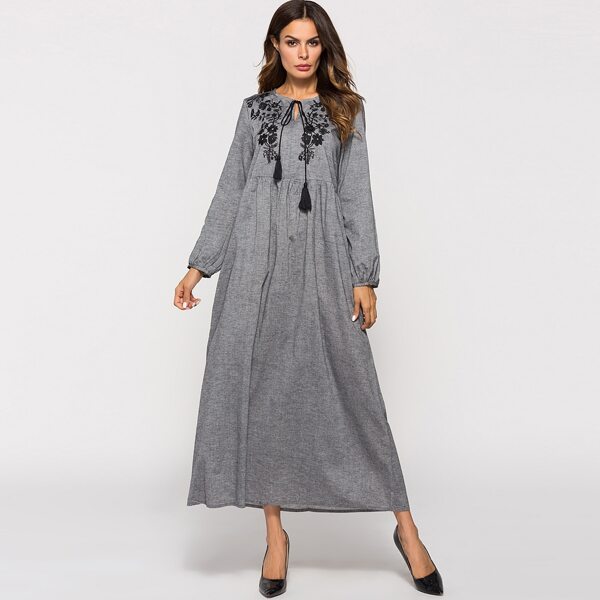 

Tie Neck Floral Embroidered Bishop Sleeve Dress
