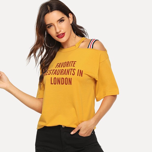 

Letter Print Striped Strap Cut-out Tee