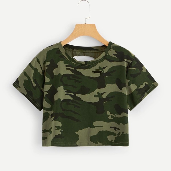 

Camo Ripped-back Crop Tee