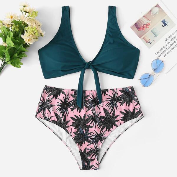 

Plus Tie Front Top With Tropical High Waist Bikini