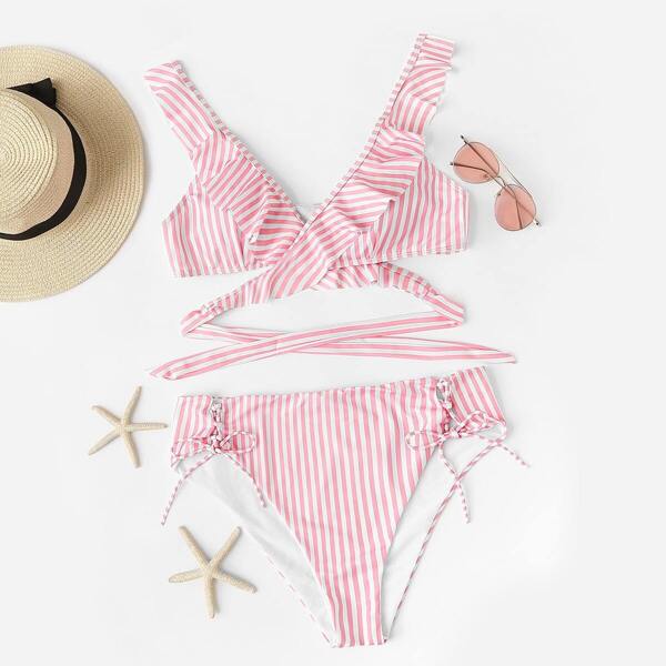 

Plus Striped Wrap Ruffle Top With Lace Up Bikini Set