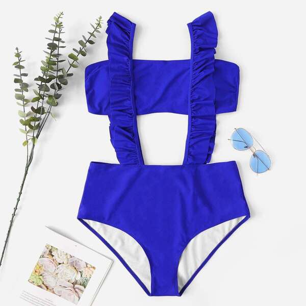 

Plus Ruffle Bandeau Suspender Bikini Set, Blue