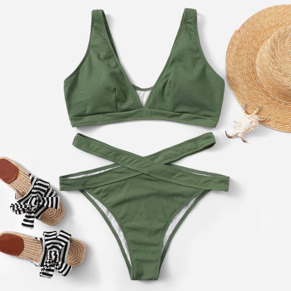 

Plus Plunging Ribbed Top With Cut-out Bikini Set, Army green