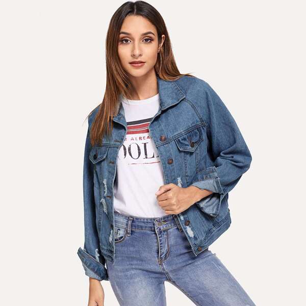 

Raglan Sleeve Ripped Denim Jacket