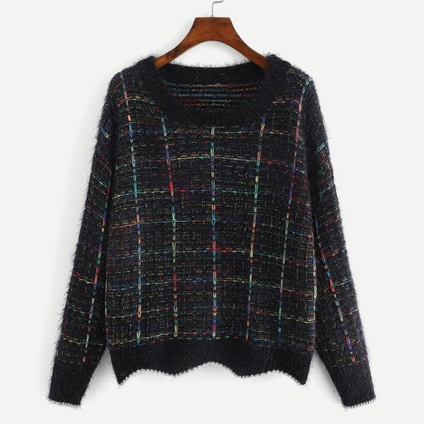 

Scalloped Hem Plaid Sweater