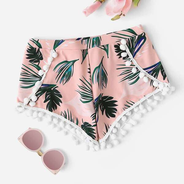 

Pom Pom Trim Palm Print Пляжные шорты, Многоцветный
