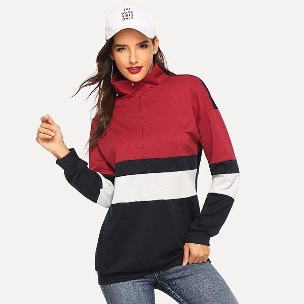 

Colorblock Zip-front Drop Shoulder Sweatshirt