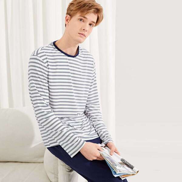 

Men Striped Top and Slant Pocket Pants PJ Set
