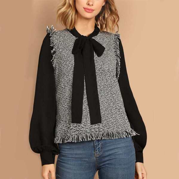 

Tie Neck Frayed Trim 2 In 1 Tweed Blouse