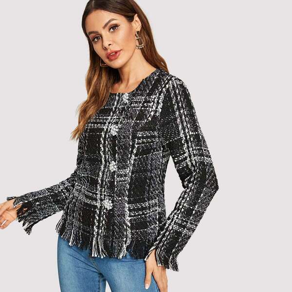 

Pearl Detail Frayed Edge Tweed Coat