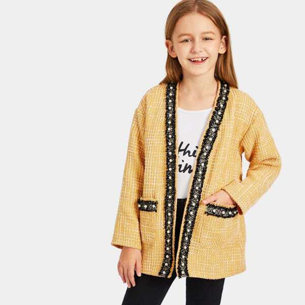 

Girls Contrast Trim Pearl Beaded Tweed Coat, Multicolor