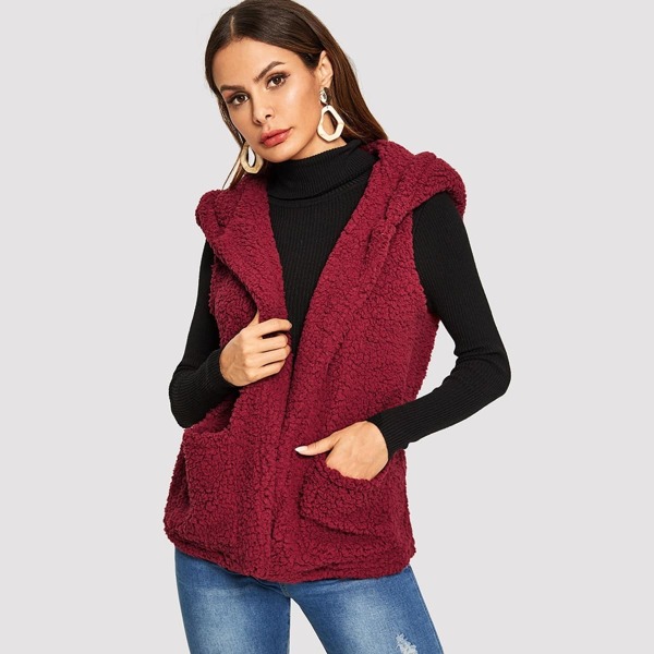 

Pocket Front Hooded Shell Teddy Coat, Burgundy