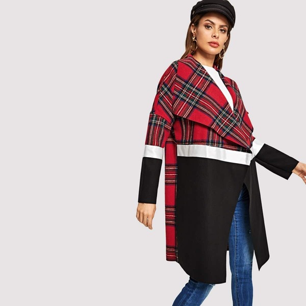 

Waterfall Collar Open Front Plaid Panel Coat, Multicolor
