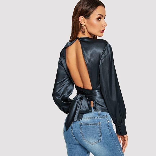 

Open Tie Back Lantern Sleeve Satin Top, Navy