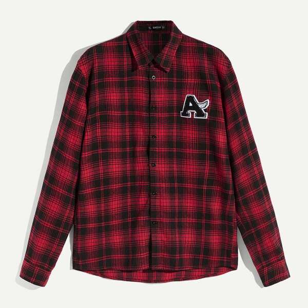

Men Letter Patched Plaid Shirt