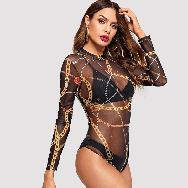 

Mock-neck Chain Print Bodysuit Without Bra