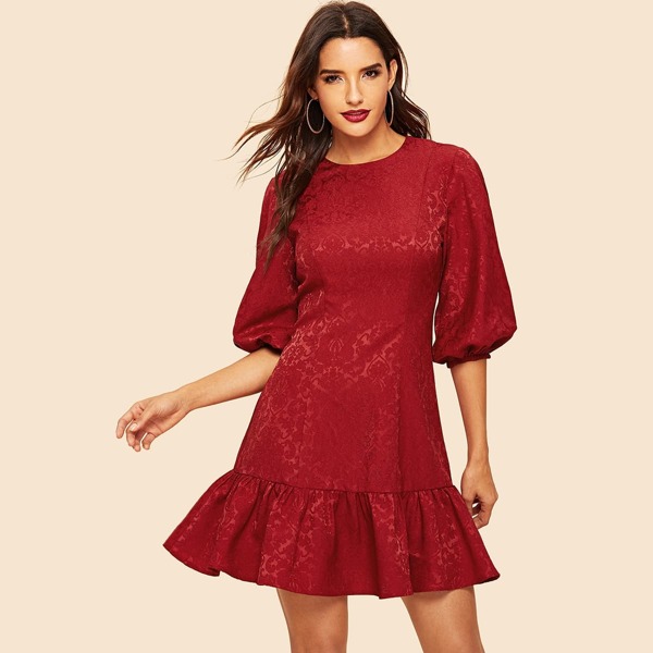 

50s Zip Back Ruffle Hem Jacquard Dress