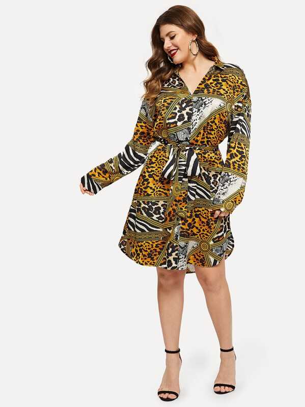 

Plus Chain Print Self Belt Dress, Multicolor, Isabela
