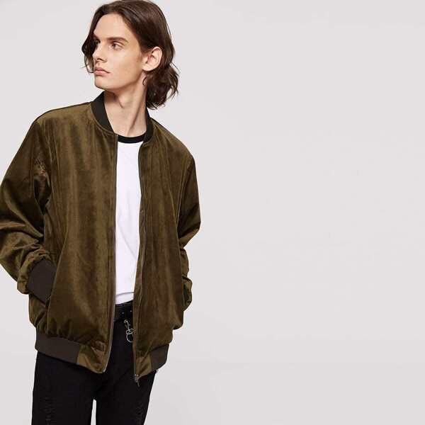 

Men Ribbed Trim Zip Up Velvet Bomber Jacket