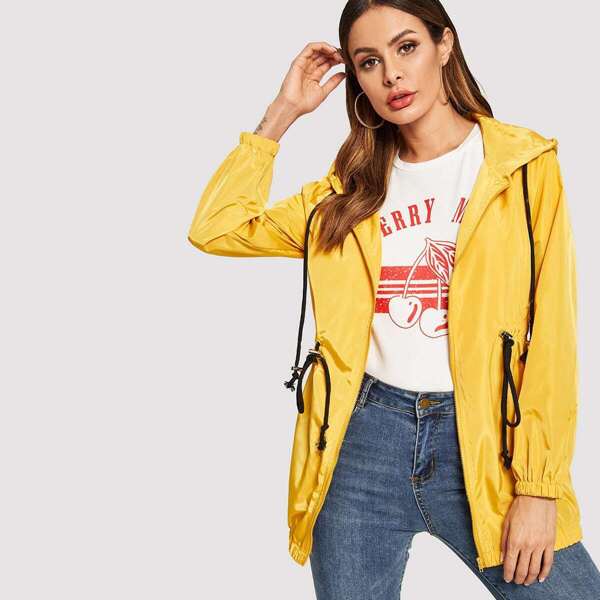 

Zip Up Drawstring Hooded Windbreaker Jacket